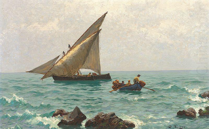 Julius Ludwig Friedrich Runge Morgenstimmung an der Adria mit Fischerbooten und Langustenfischern. Im Vordergrund felsige Kuste. oil painting picture